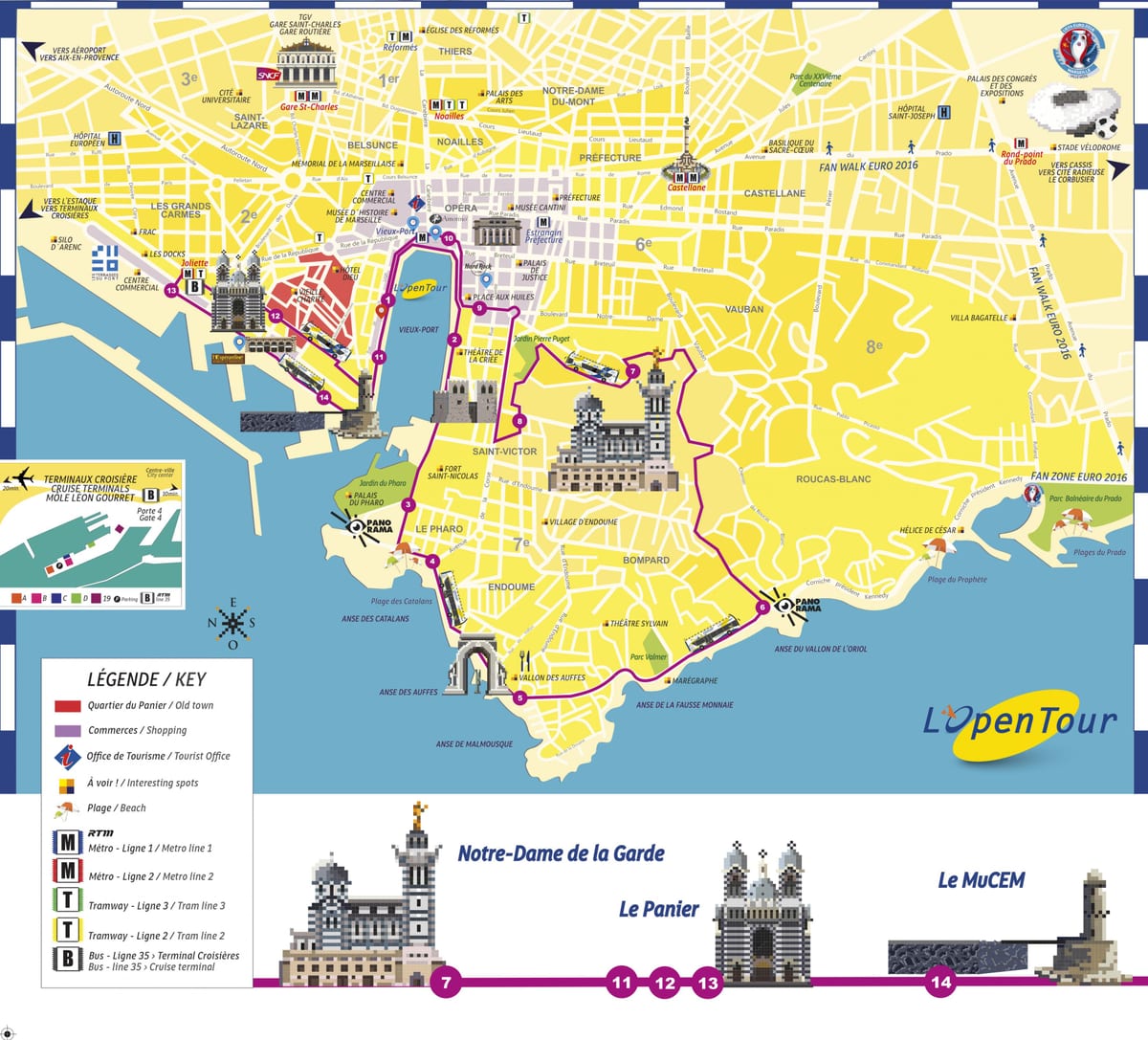 Marseille hop on hop off bus de la carte de l'itinéraire